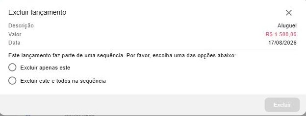 Confirmação de exclusão: para lançamentos em sequência, escolha entre excluir apenas este ou este e todos na sequência.