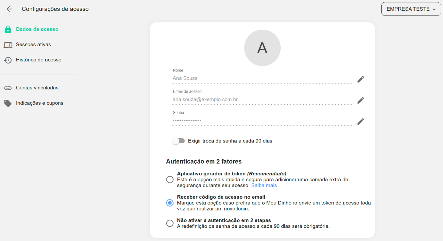 Seção Dados de acesso: nome, e-mail, senha e autenticação em 2 fatores.