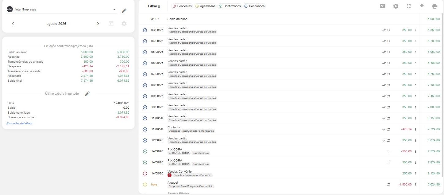 Tela de Extrato de contas: à esquerda, o painel de navegação e resumo da conta; à direita, o painel dos lançamentos com a barra de topo.
