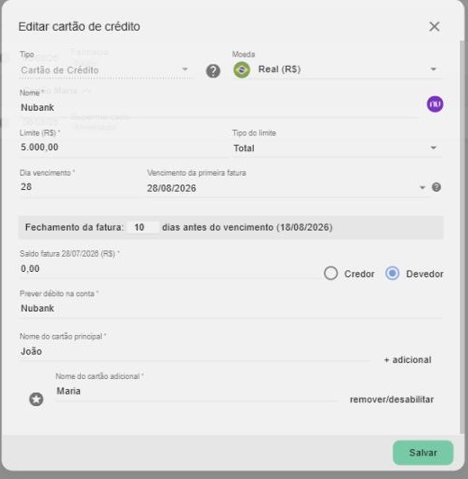 Cadastro do cartão: nome, limite e tipo de limite, dia de vencimento, vencimento da primeira fatura, fechamento, saldo anterior, conta de prévia, titular e cartão adicional.