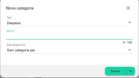 Janela "Nova categoria": campos Tipo (Despesa ou Receita), Nome e "Subcategoria de".