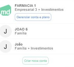 Menu aberto pelo nome da conta