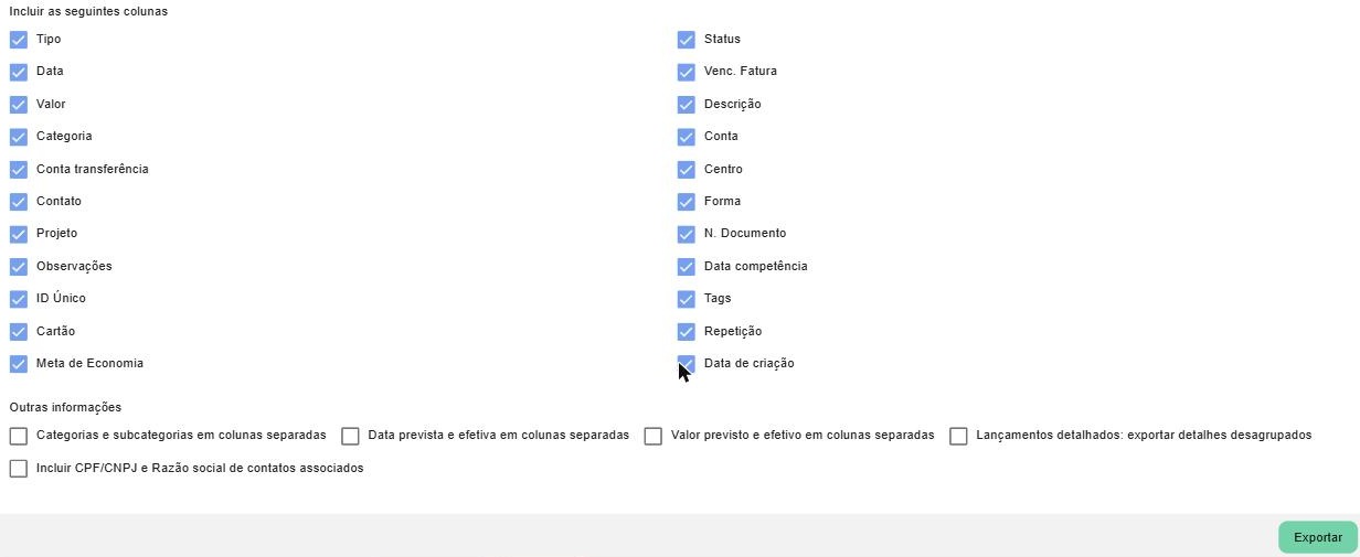 Seleção de colunas e a seção “Outras informações”, com opções adicionais de formatação da planilha.