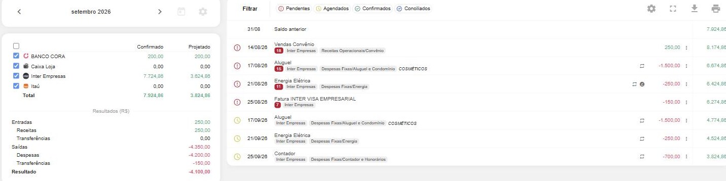 Tela de Lançamentos de caixa: painel esquerdo (período, contas de caixa e Resultados) e painel direito (barra de opções e lista de lançamentos).