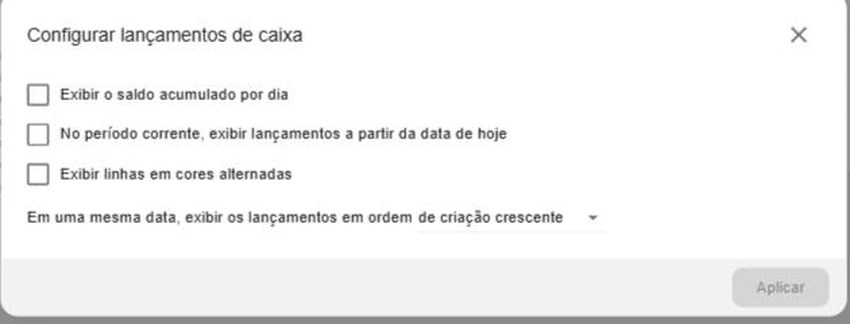 Diálogo Configurar lançamentos de caixa.