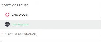 Lista de contas do seletor, agrupadas por tipo: em Conta Corrente, as contas ativas BANCO CORA e Inter Empresas; abaixo, o grupo Inativas (Encerradas).