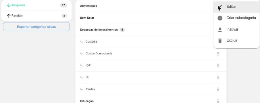 Menu de ações de uma categoria: Editar, Criar subcategoria, Inativar e Excluir.