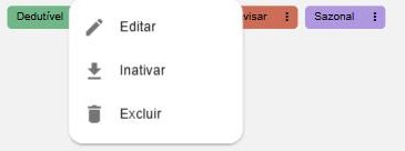 Menu de ações de uma tag ativa: Editar, Inativar e Excluir.