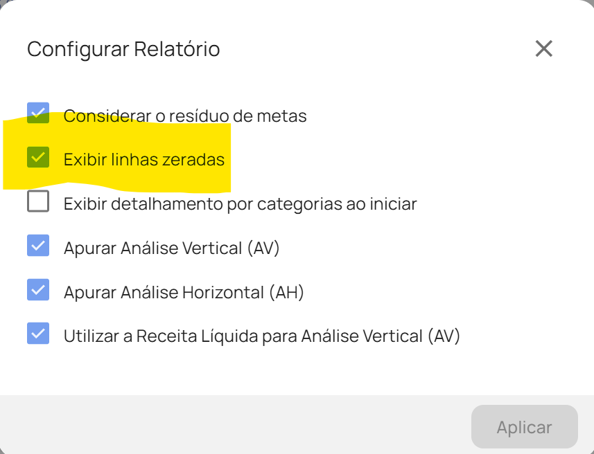 Parâmetro Exibir linhas zeradas