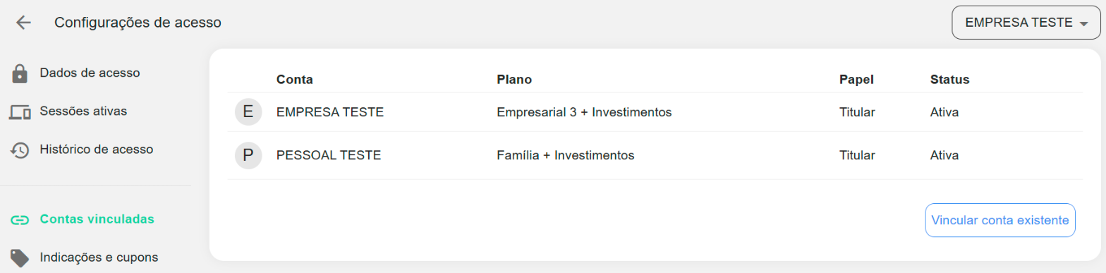 Seção Contas vinculadas: todas as contas do mesmo login.