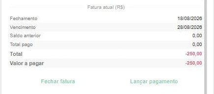 Resumo da fatura atual, com as datas de fechamento e vencimento, os totais e os botões Fechar fatura e Lançar pagamento.
