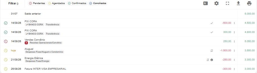 Com “Conciliados” desativado (riscado), a lista deixa de exibir os lançamentos conciliados.