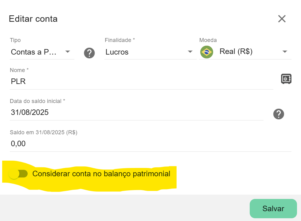 Conta auxiliar marcada para não afetar o BP