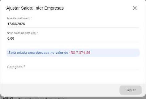 Ajustar Saldo: ao informar o novo saldo na data, é criado um lançamento de ajuste com a diferença.