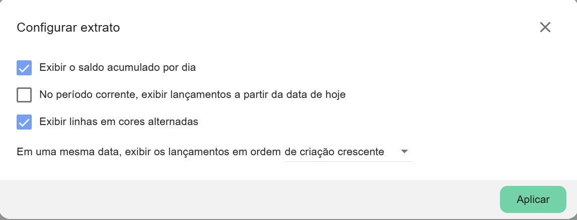 Janela Configurar extrato, com as opções de exibição da lista.