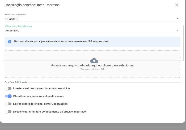 Janela de importação (Conciliação bancária), aberta pela opção Importar extrato bancário do botão +.